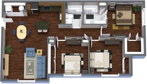 Floor plan for 3 beds, 2 baths, 1285 sqft